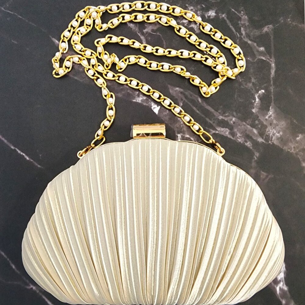 NEW Champagne Pleated Satin Clutch with Hard Shell and Gold Frame